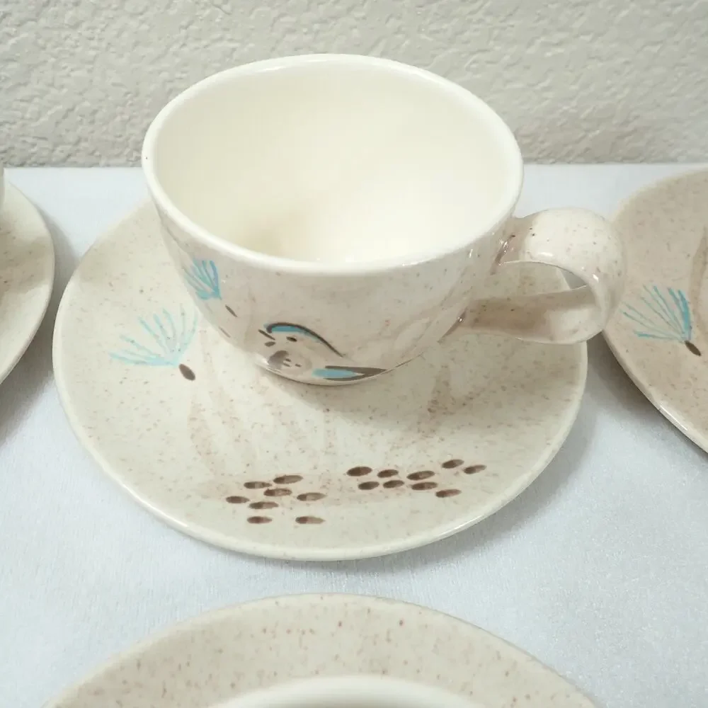 Red Wing Bob White Quail 10 Cup Saucer Sets MCM Hand Painted Pottery Vintage